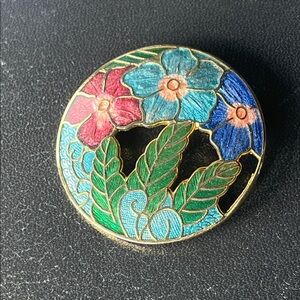 Cloisonné Floral Enamel Brooch with Gold Accents